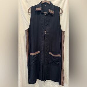 Navy Sleeveless Vest with Patterned Trim